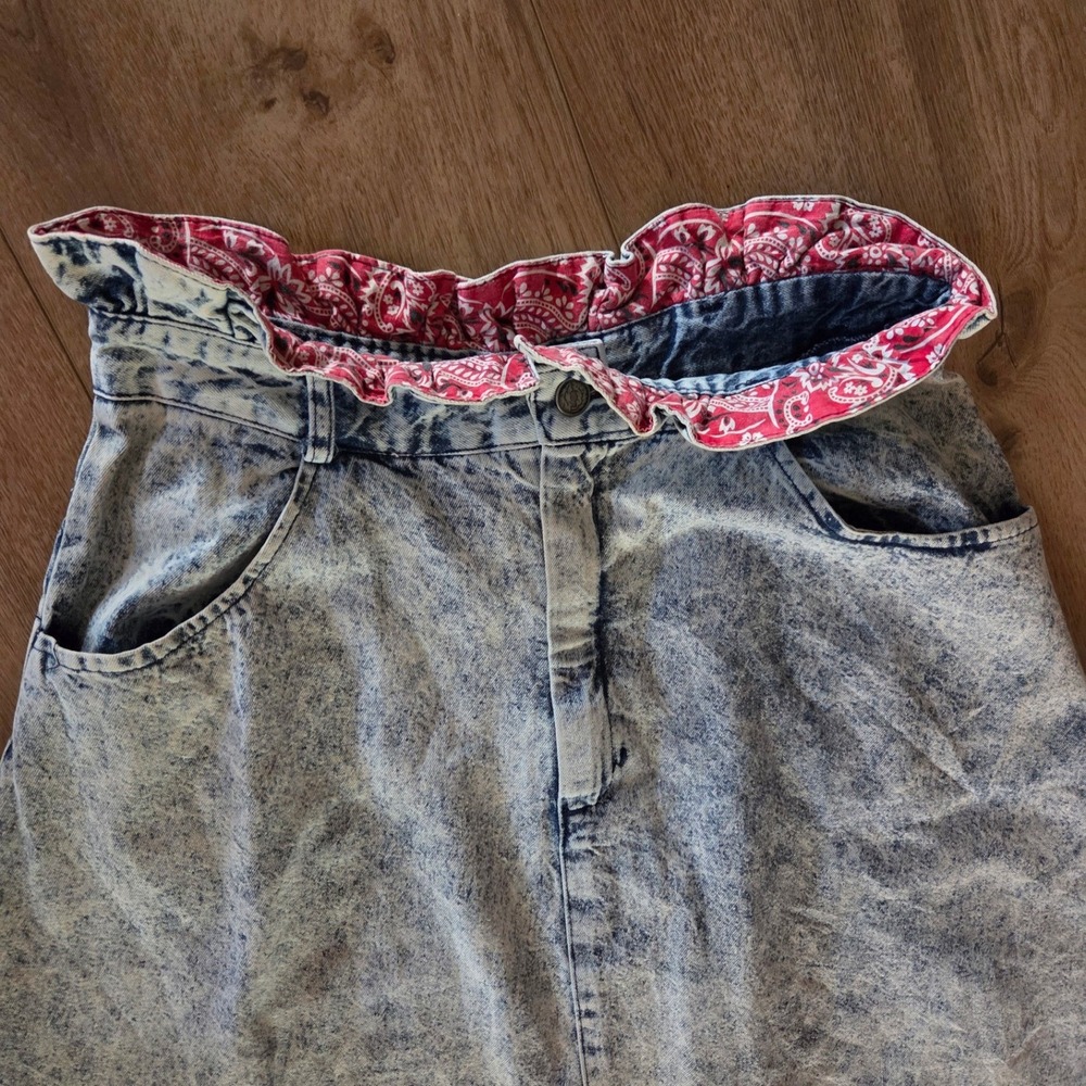 Vintage Rayo of California Acid Wash Denim Paperbag Midi Skirt Bandana Trim 80s - Picture 4 of 7